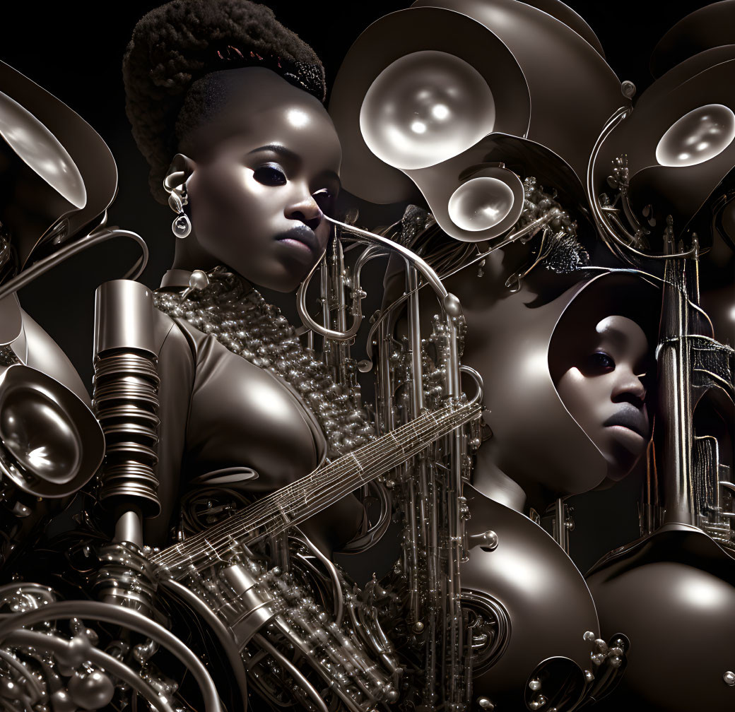 Surreal 3D rendering of woman with brass musical instruments