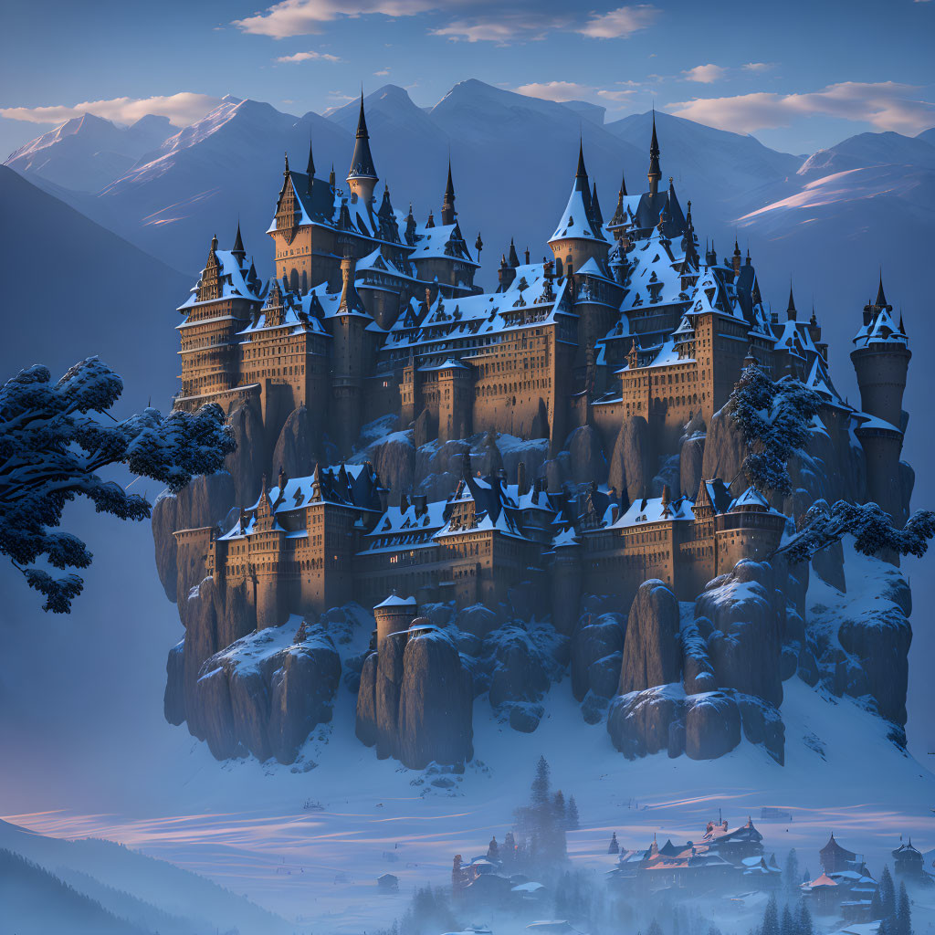 Snow-covered castle on rugged cliffs with misty mountain backdrop at twilight