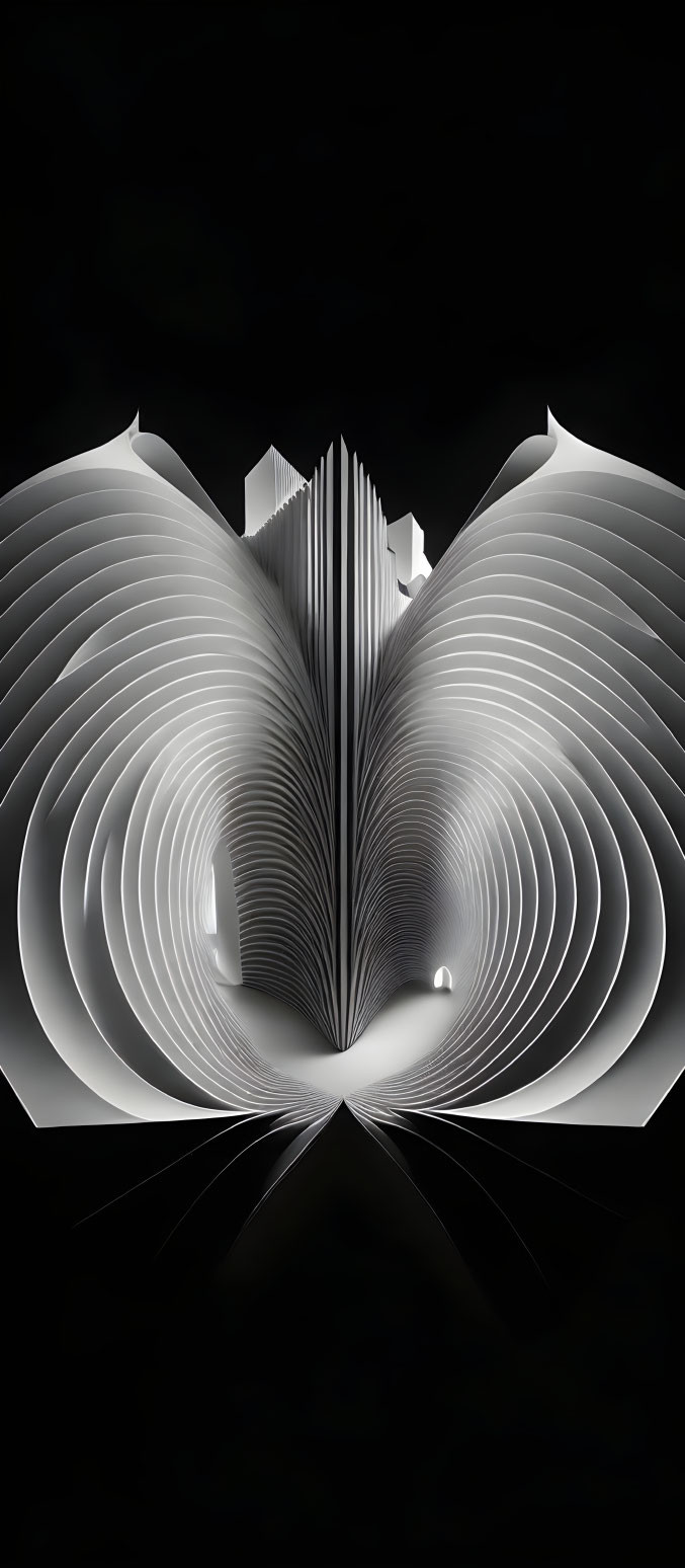 Symmetrical black and white abstract image of folded book pages resembling butterfly wings