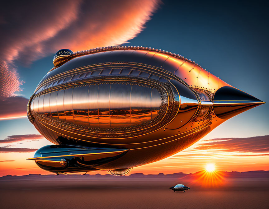 Sleek metallic airship over desert at sunset with rich colors