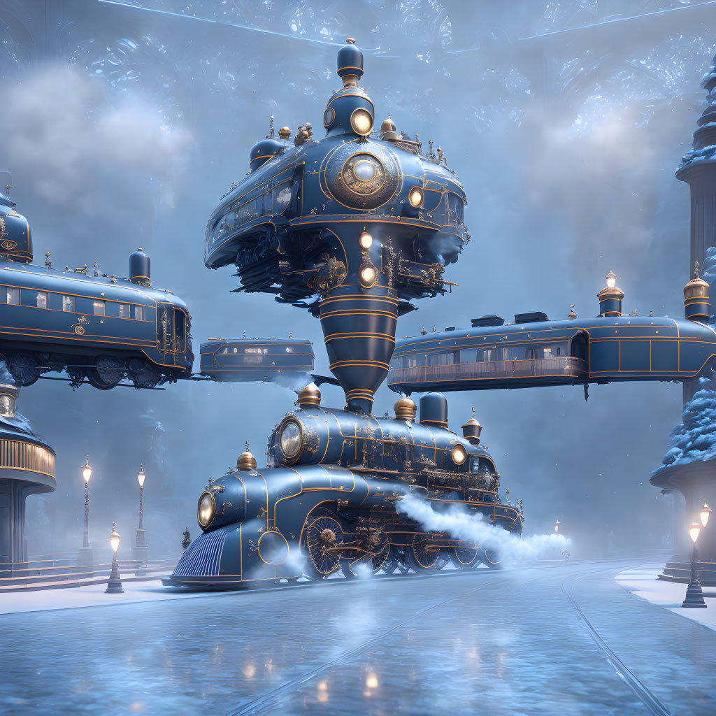 Steampunk-themed train station with blue trains in misty winter setting