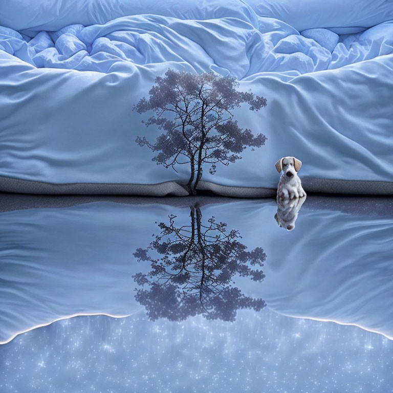 Dreamlike image of dog by tree, reflected in water under starry night.