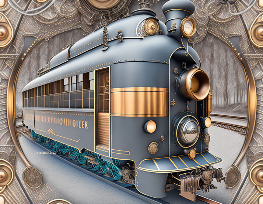 Blue vintage train illustration with golden accents and winter scenery