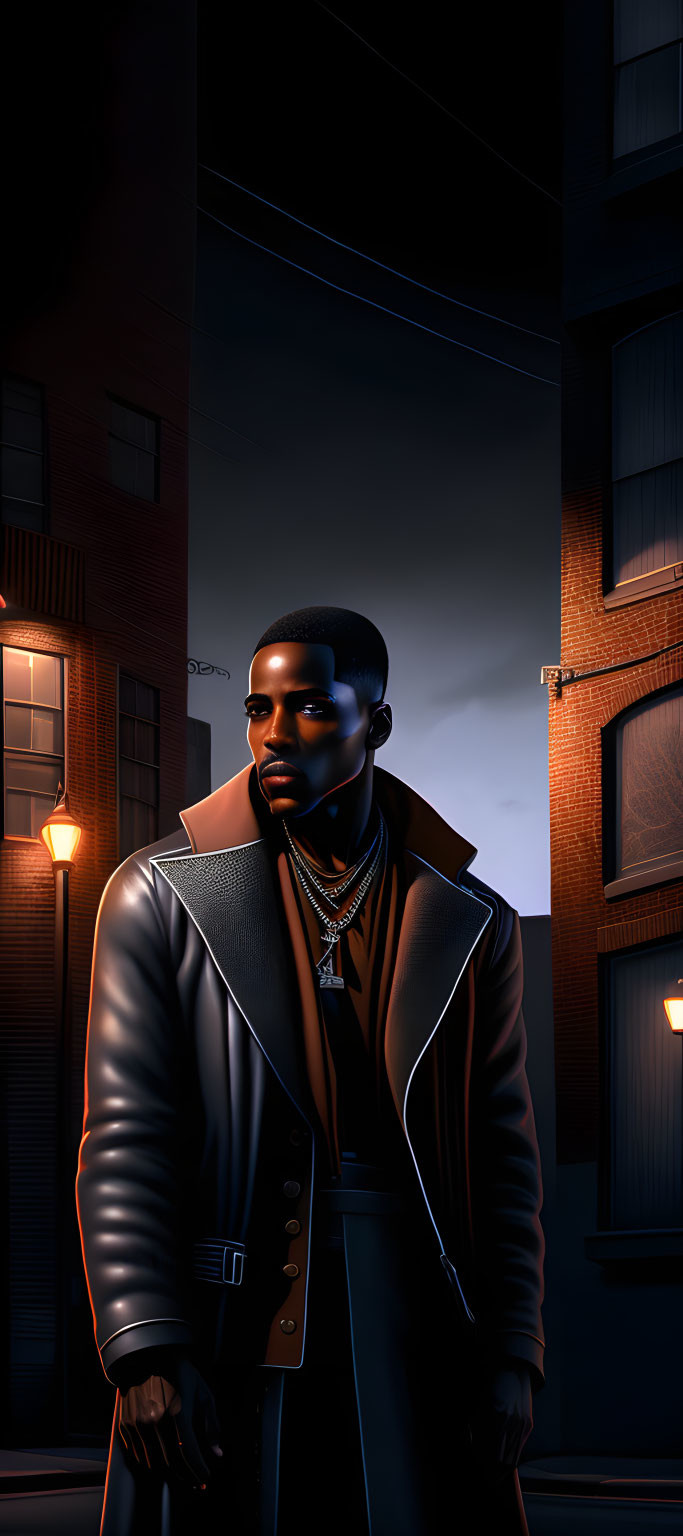 Stylized illustration of confident man in urban setting at night