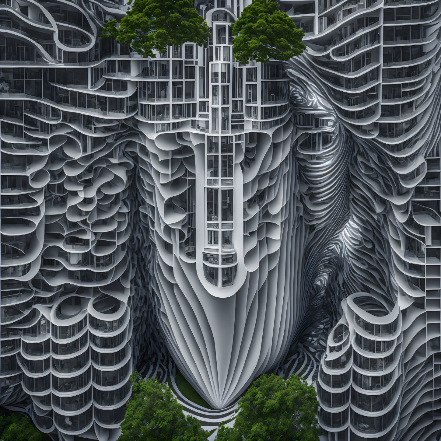 Futuristic cityscape blending organic and traditional architecture