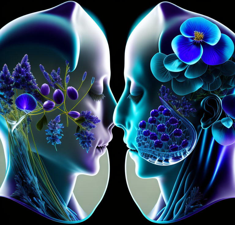 Stylized profile faces with neon floral elements on dark background