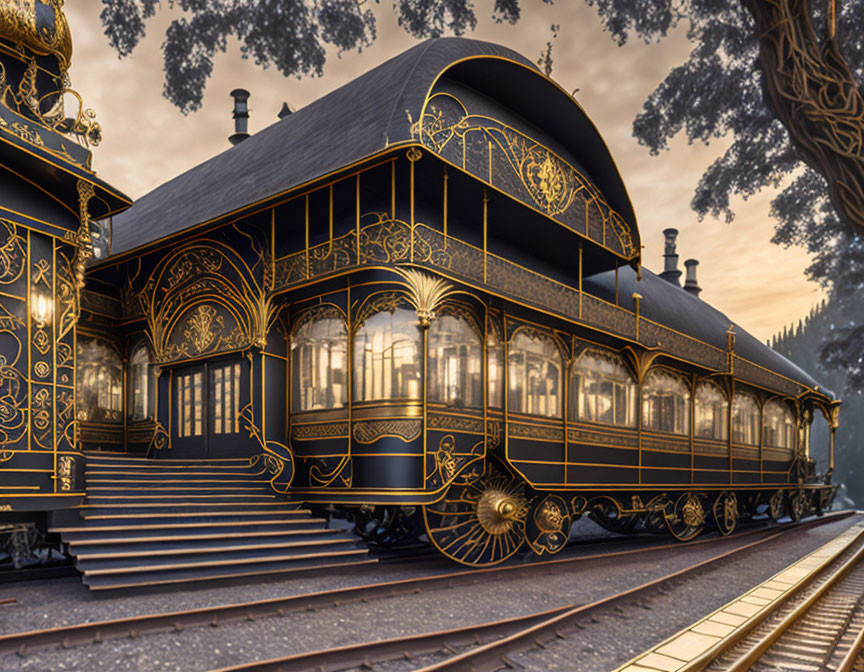 Vintage train with black and gold trim at dusk exudes luxury.