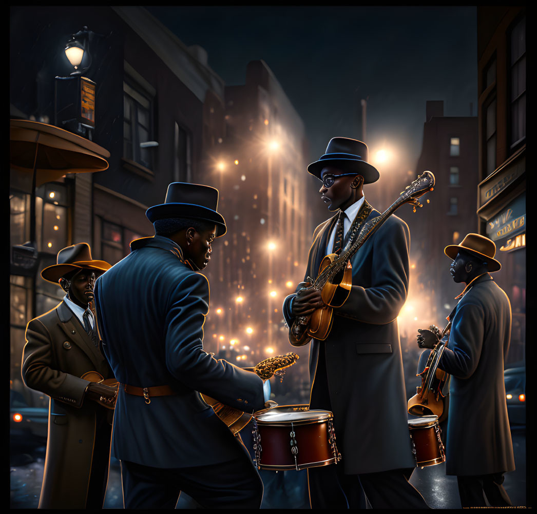 Four Jazz Musicians Playing Instruments on City Street at Night