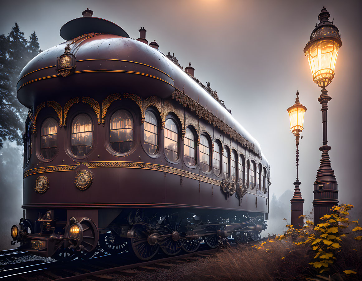 Vintage train on foggy tracks with ornate lamps and yellow flowers.