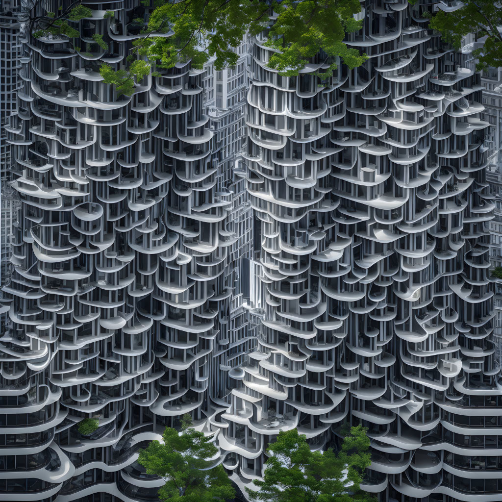 Futuristic high-rise buildings with undulating balconies in urban greenery