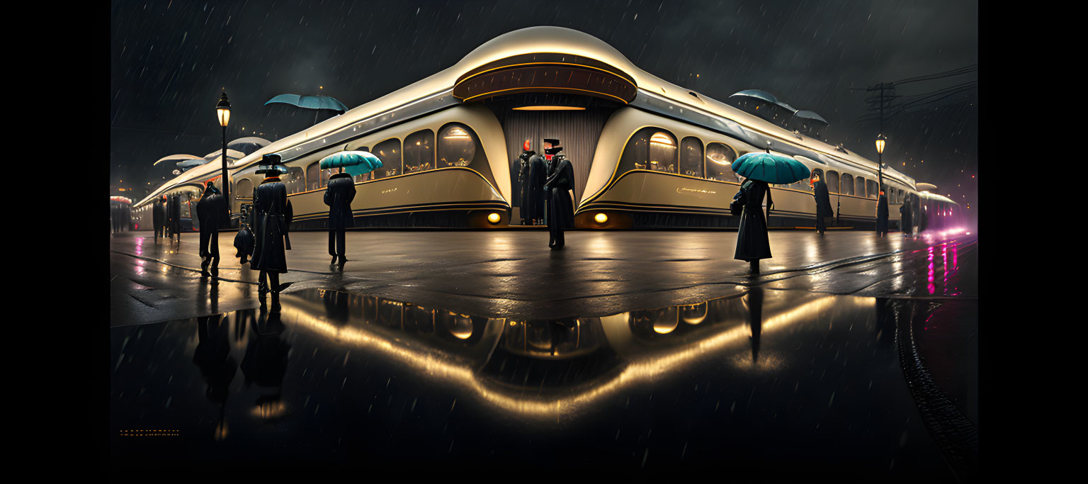 Retro-futuristic train station at night in the rain with uniformed personnel and passengers holding umb