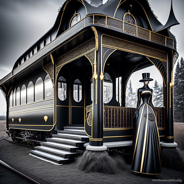 Vintage black and gold train carriage with Victorian figure in misty landscape