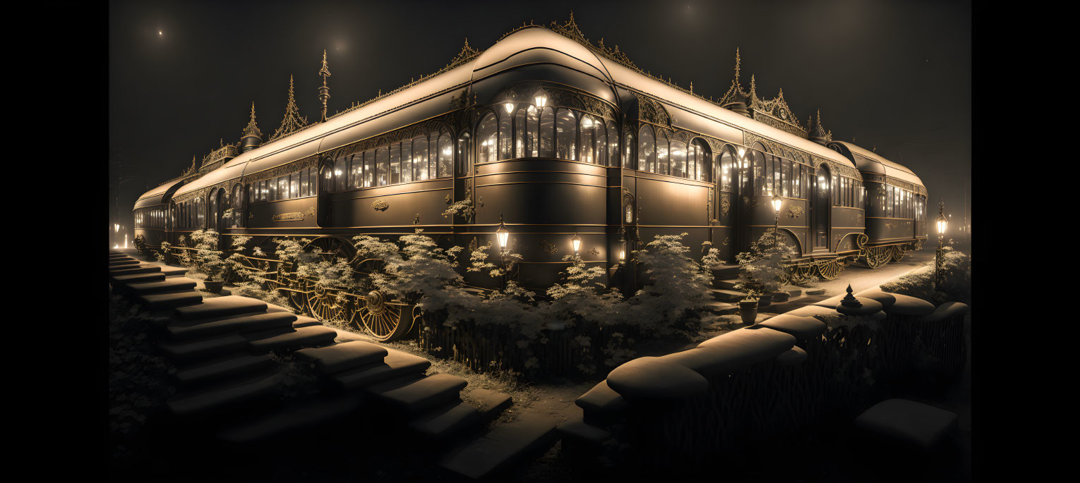 Vintage Train Night Scene with Snowy Surroundings & Festive Decorations