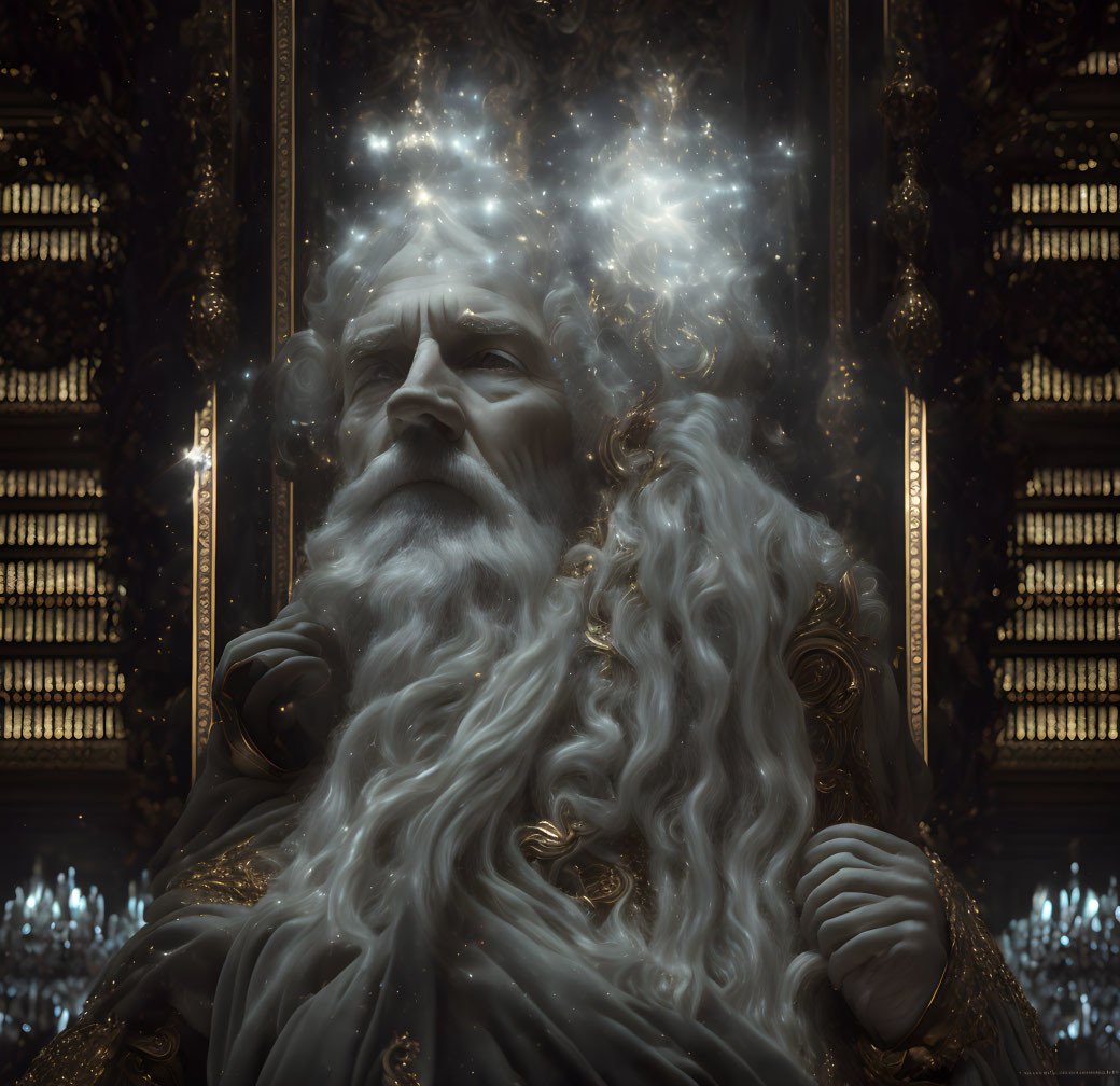 Elderly Figure with White Beard on Golden Throne emits Cosmic Energy