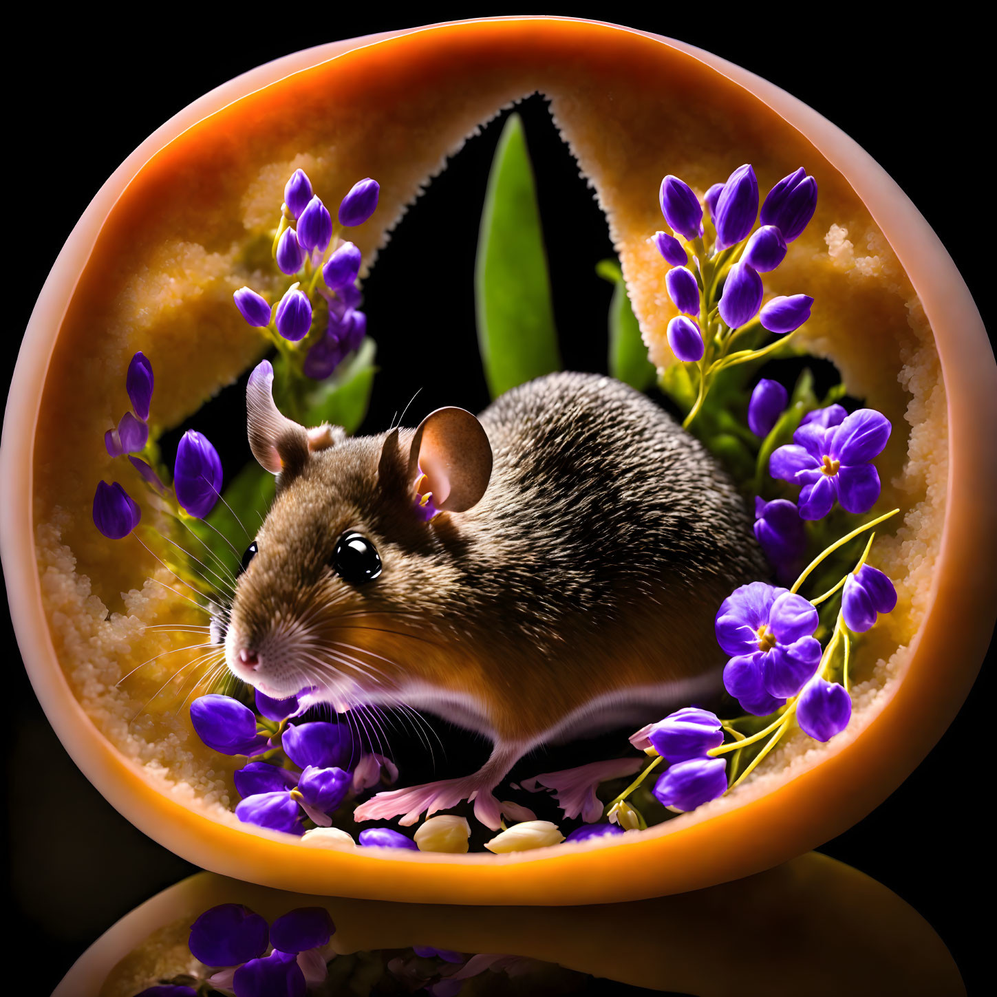 Mouse in Cantaloupe Surrounded by Purple Flowers and Leaves