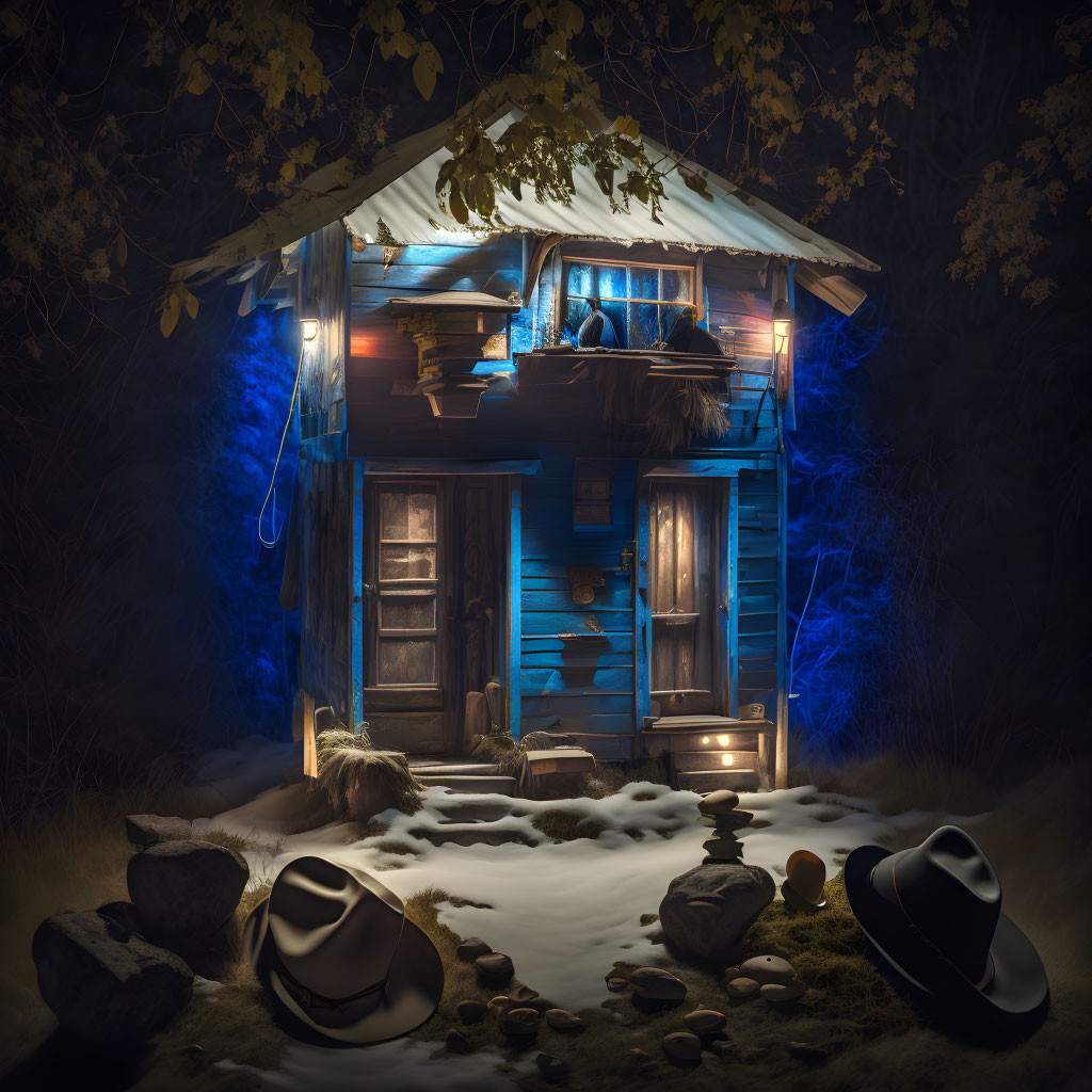 Snowy night scene: wooden cabin with warm and blue fairy lights, hats on ground, dense foliage