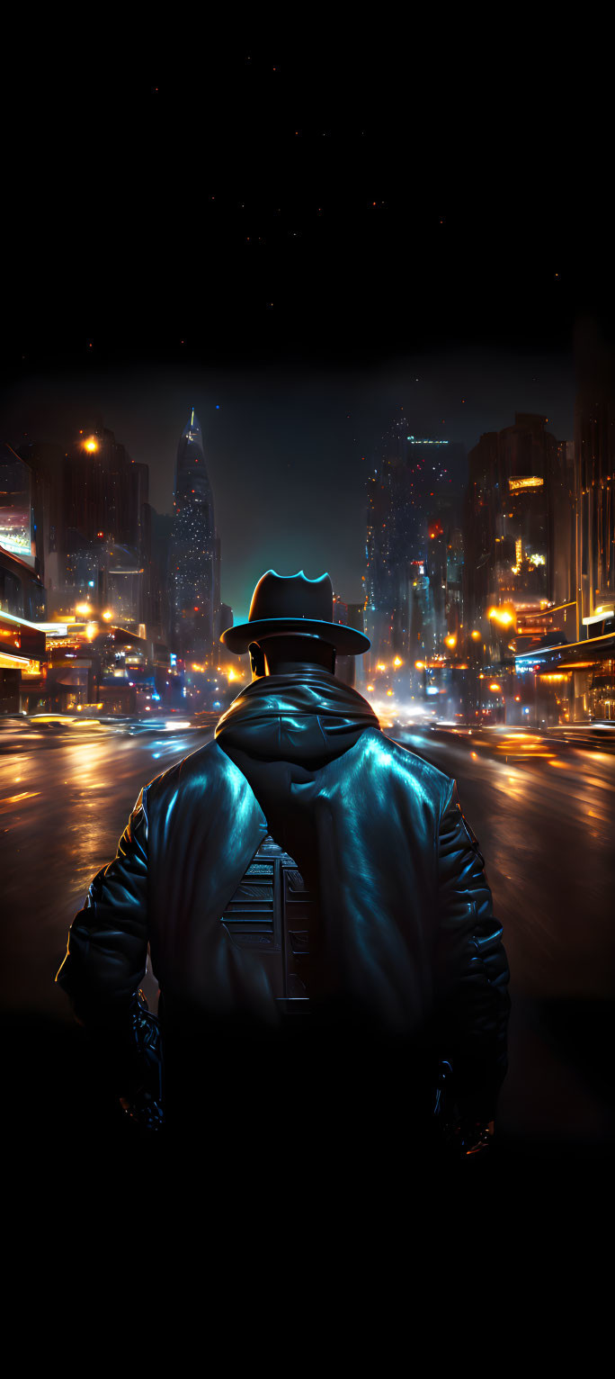 Person in Leather Jacket and Hat Standing in Urban Night Scene