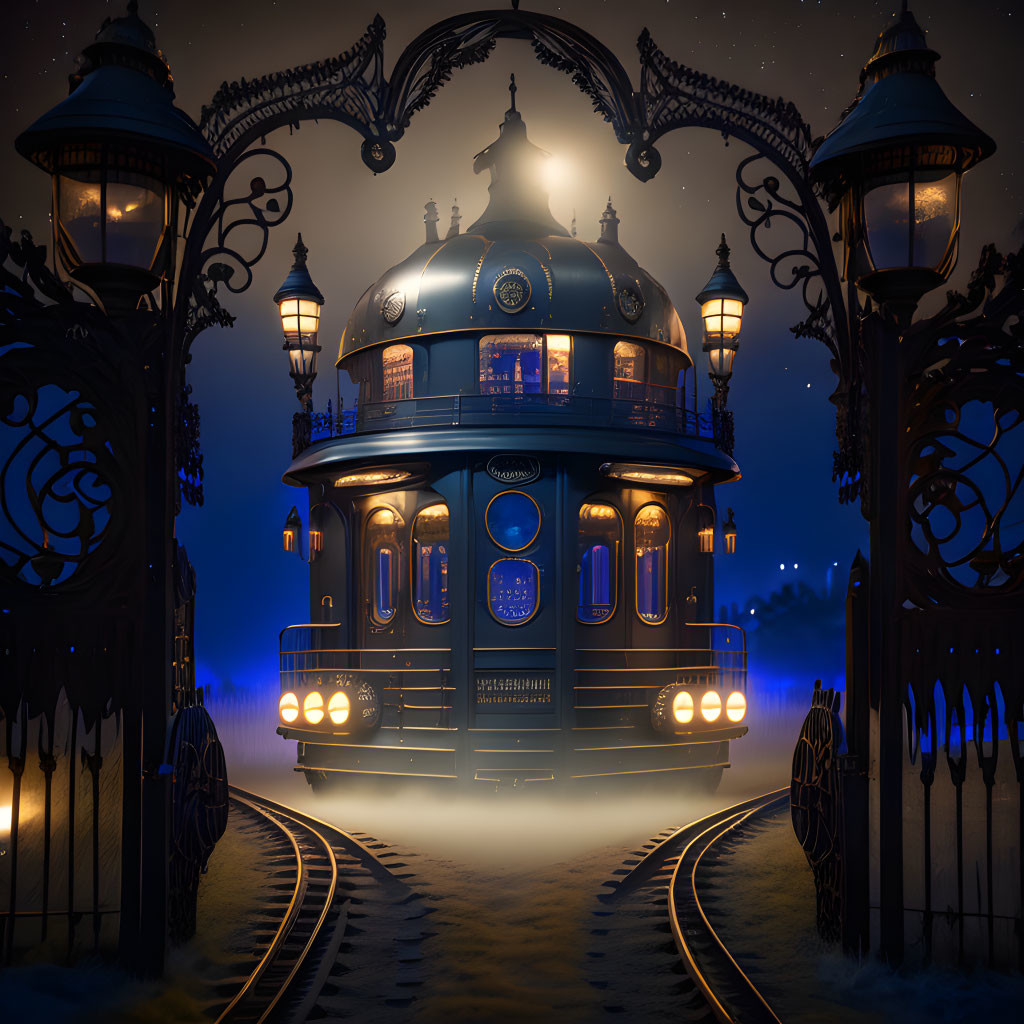 Victorian-style round train carriage at night station under starry sky.