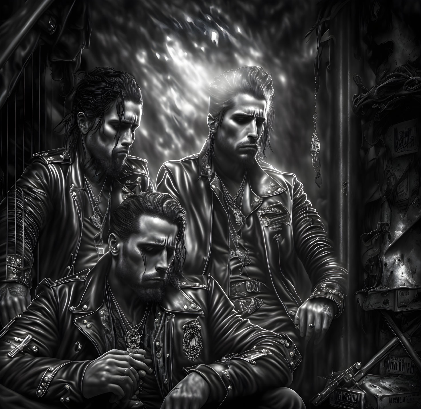 Monochrome style image of three men in leather jackets with intricate details