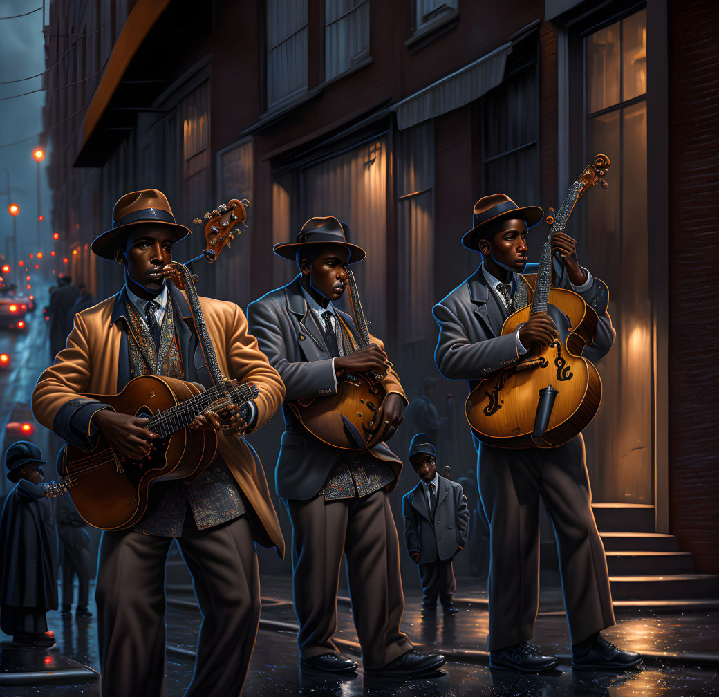 Street musicians playing string instruments in a vintage city scene