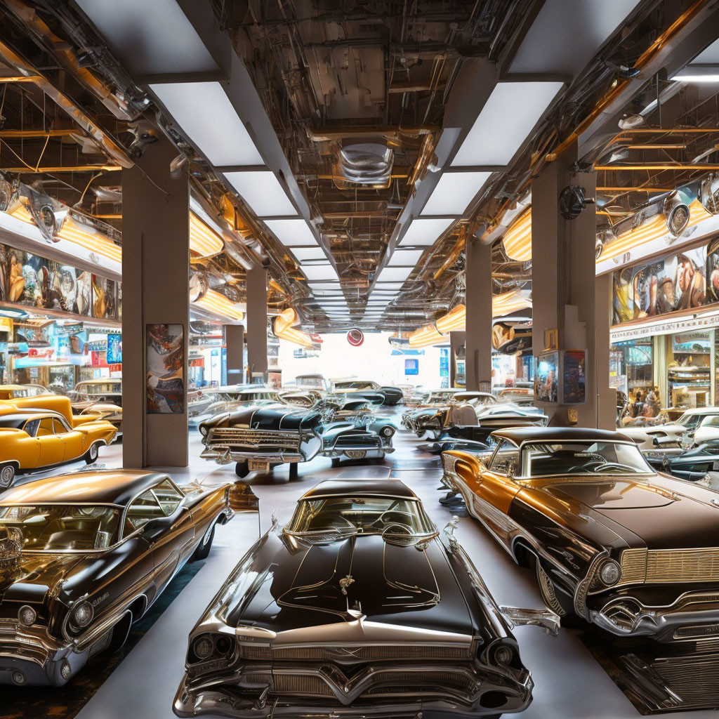 Classic Cars Collection Displayed in Warmly Lit Showroom