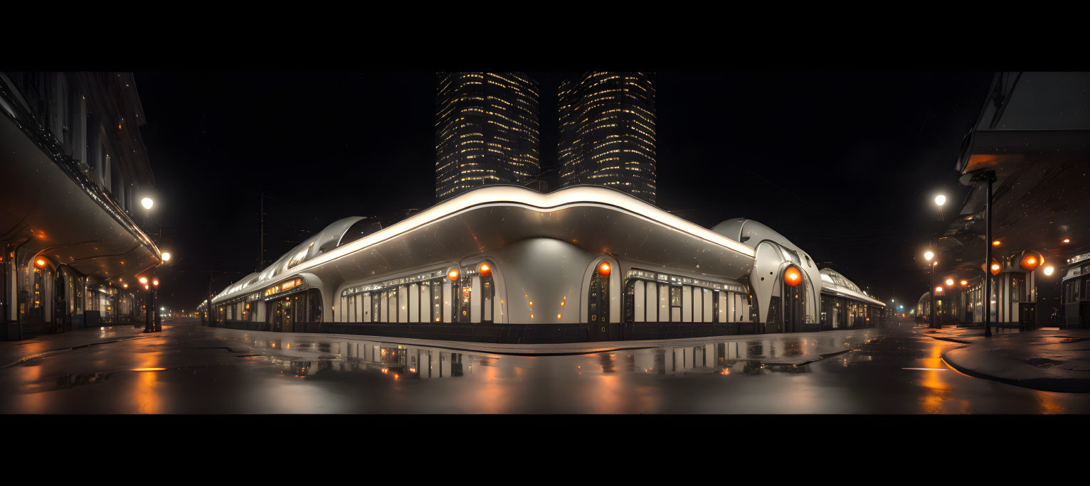 Futuristic train station at night with sleek architecture and glowing lights