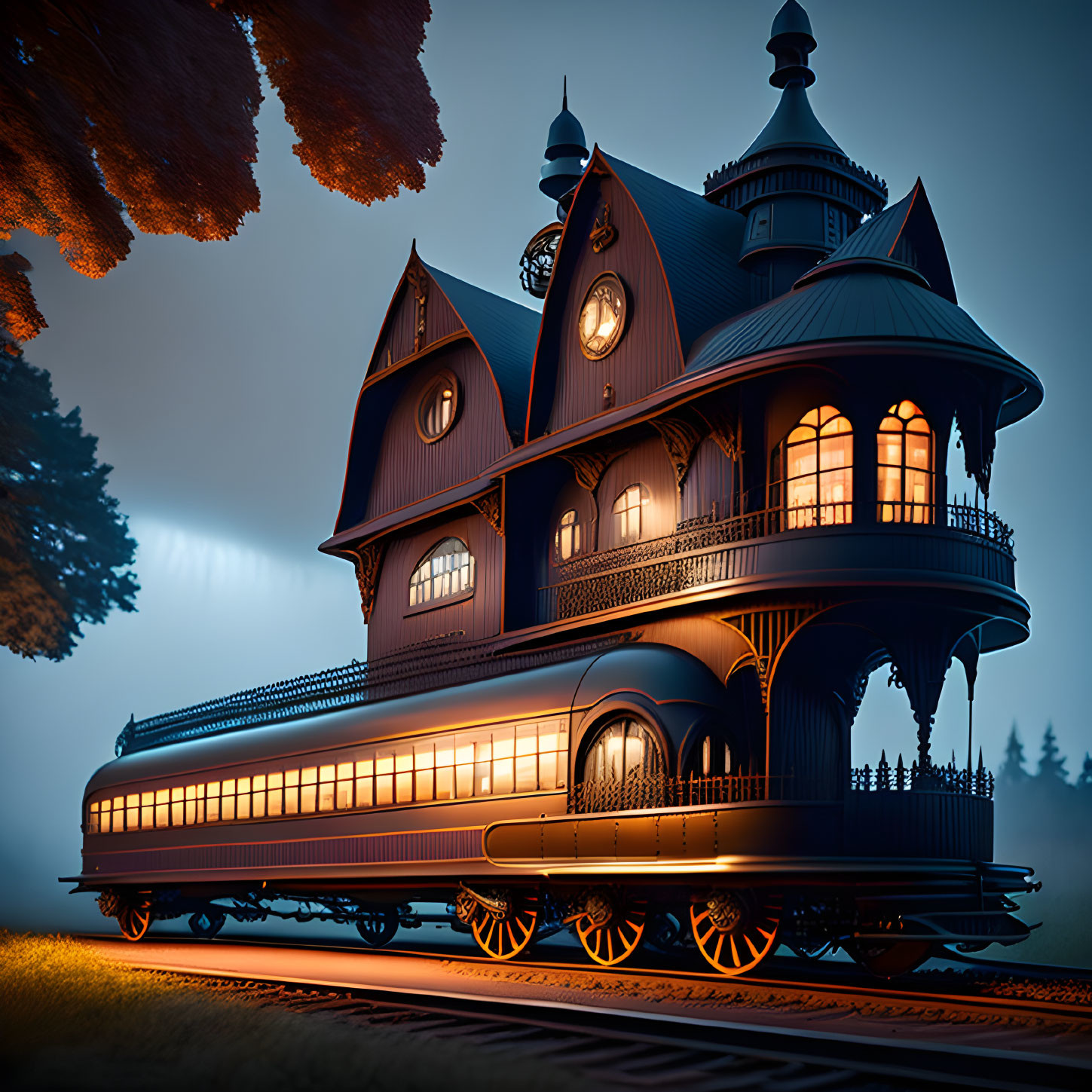 Illustration of house merged with train on tracks under evening sky