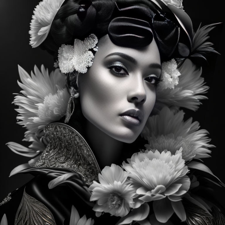 Monochromatic portrait of woman with floral headdress and intricate attire