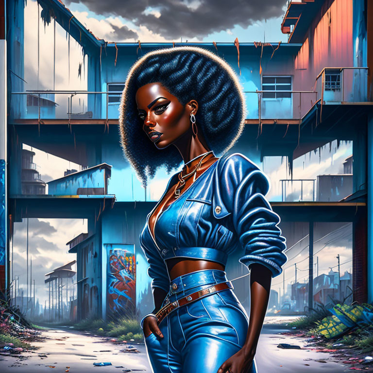 Stylized illustration of confident woman in blue leather outfit in dystopian urban alleyway