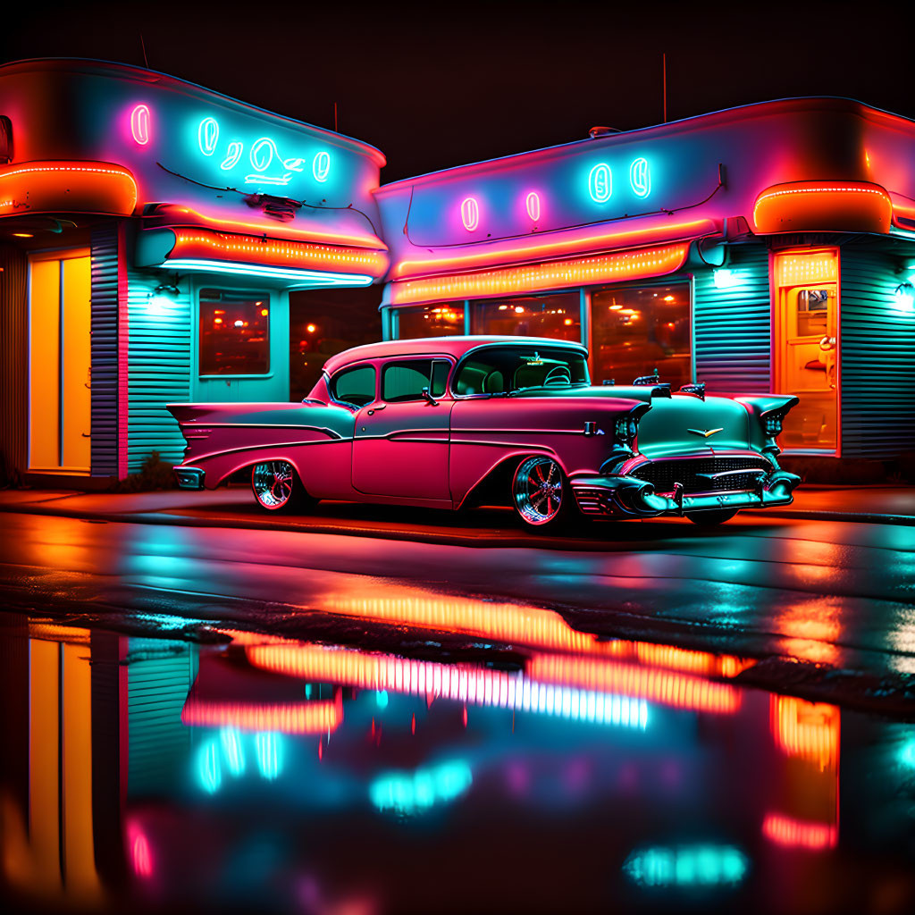 Vintage car outside neon-lit retro diner at night