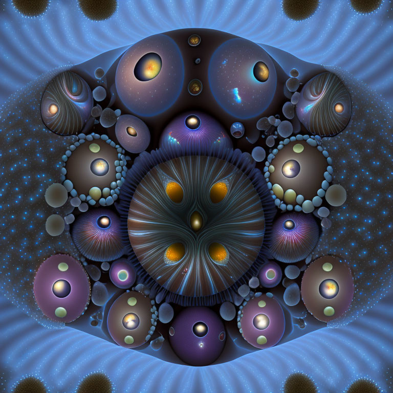 Symmetrical Blue and Purple Fractal Spheres with Starry Skies