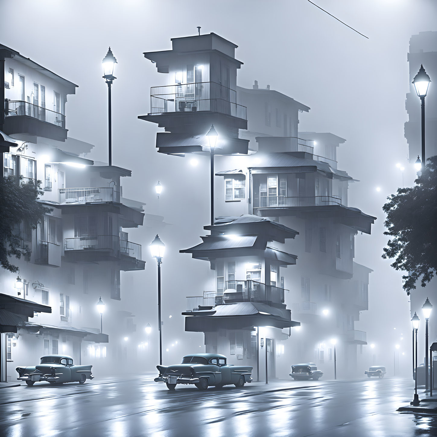 Foggy futuristic cityscape with layered buildings and vintage cars.