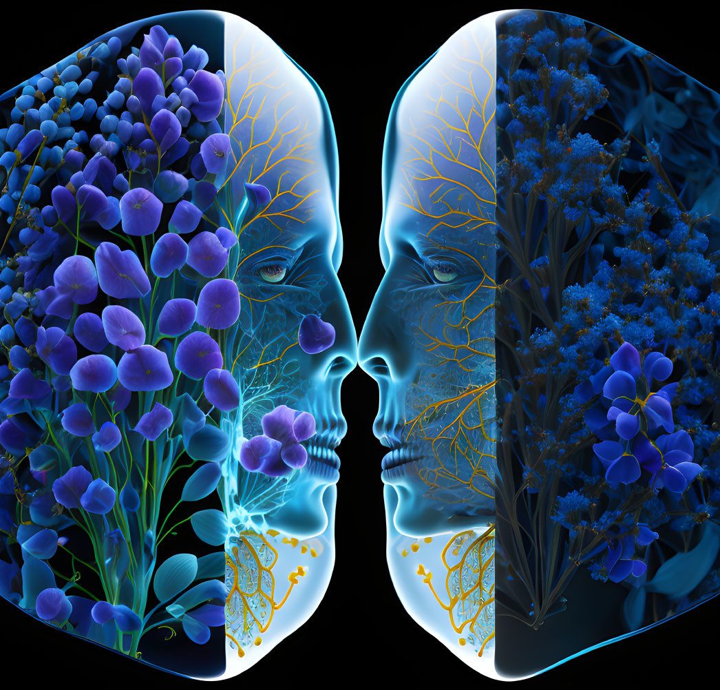 Human profiles with blue and purple flowers and yellow vascular systems intertwined