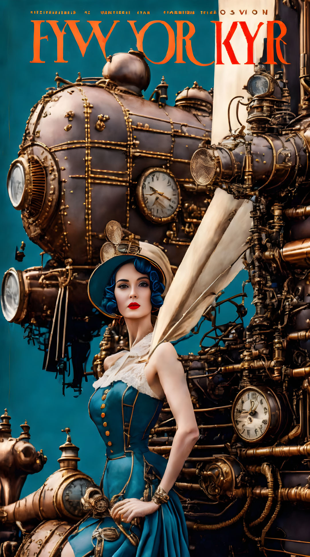 Woman in Blue Steampunk Outfit Poses by Brass Machine