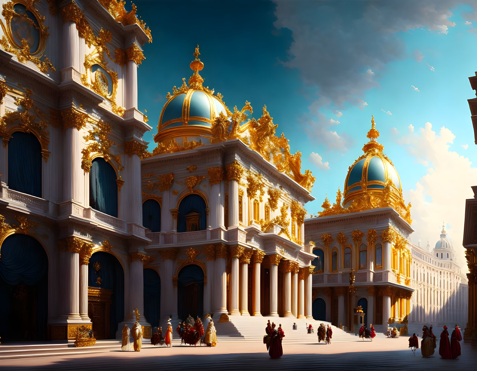 Golden-domed buildings and people in traditional attire in a sunlit plaza