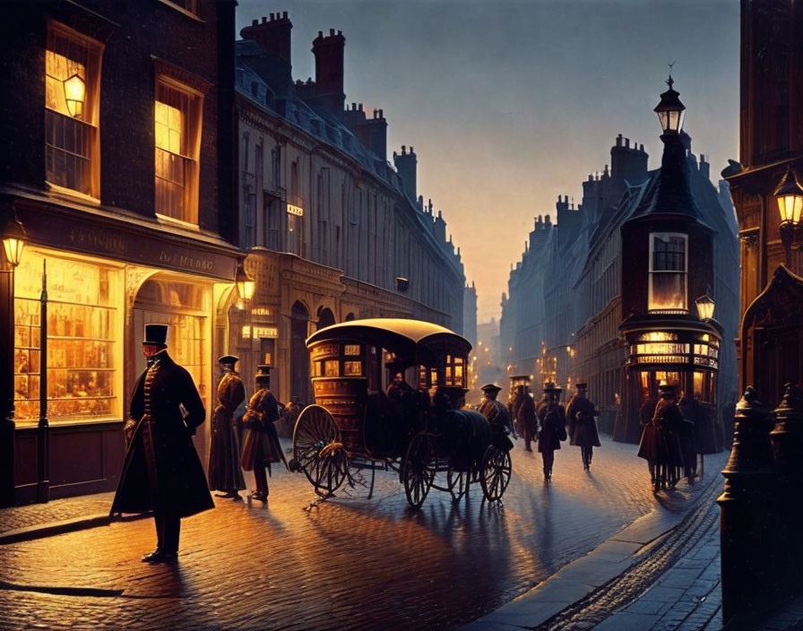 Vintage street scene at dusk with horse-drawn carriage and period clothing on cobblestone roads