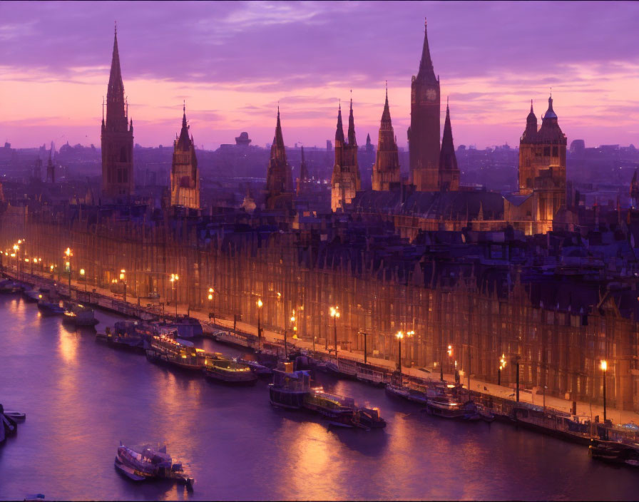 Cityscape with historic buildings and boats at twilight under a purple sky