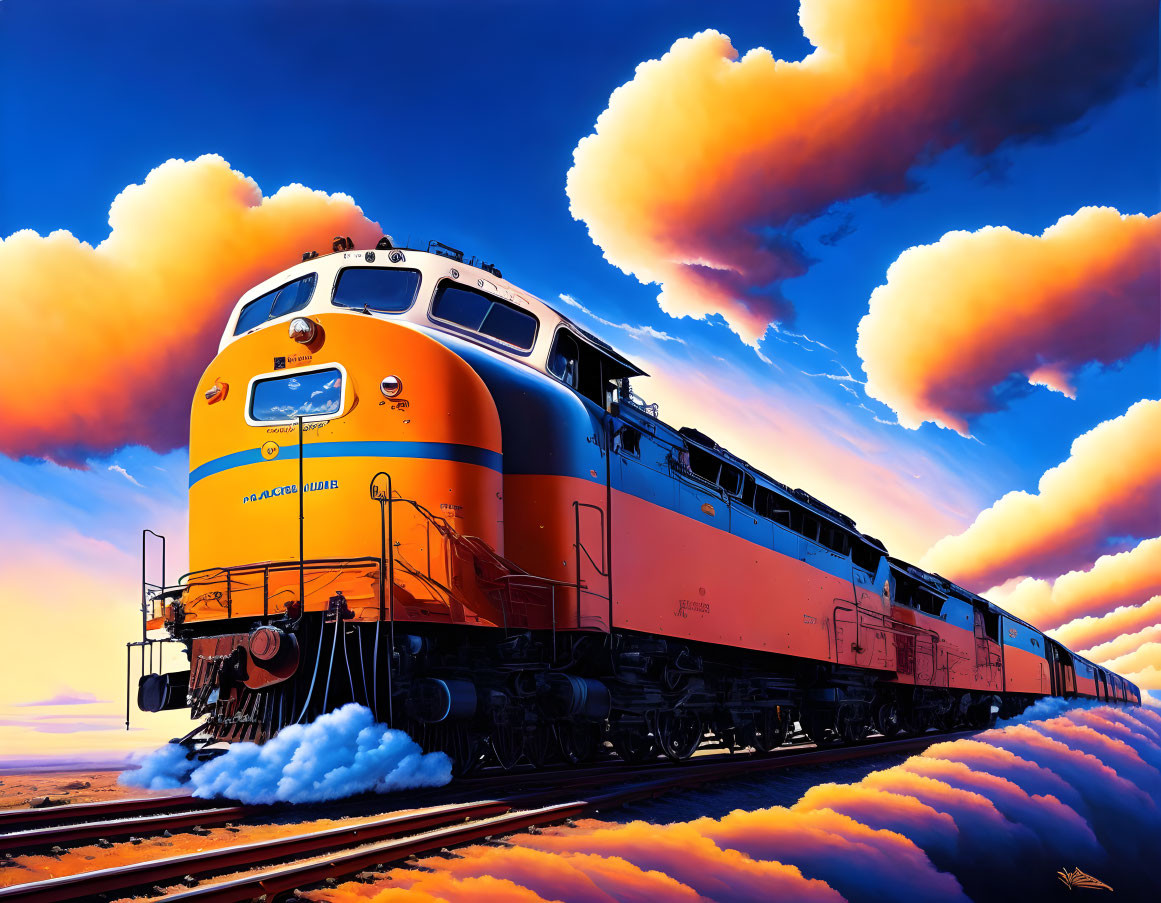 Colorful illustration: classic orange and yellow train under dramatic sky with fluffy clouds