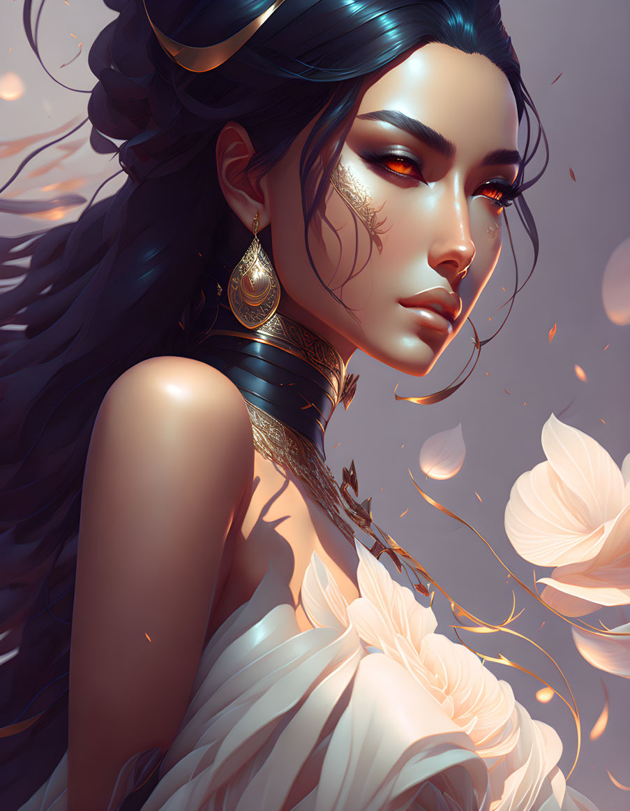 Dark-haired woman in gold jewelry surrounded by floating petals and soft glow