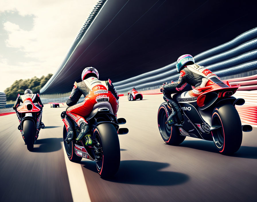 Professional motorcyclists in racing gear lean into turn on modern racetrack