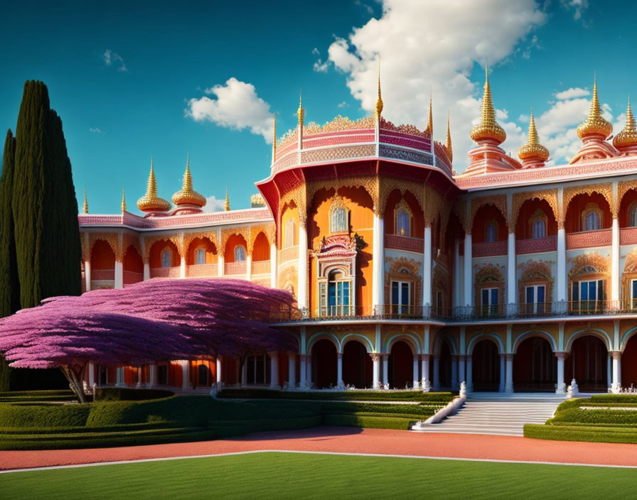 Majestic palace with pink and yellow facades and ornate spires under clear blue sky