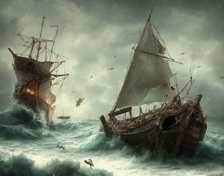 Stormy seas with sailing ships and crashing waves in dark clouds.