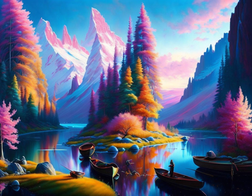 Scenic landscape with pink and orange foliage, blue lake, boats, snowy mountains