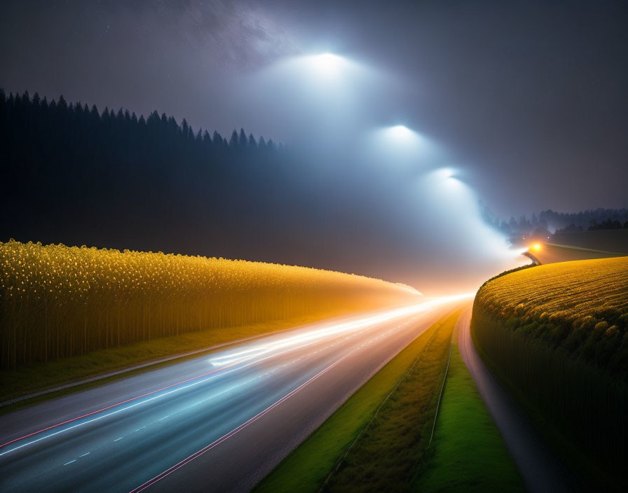 Rural road at night with light trails, moonlit sky