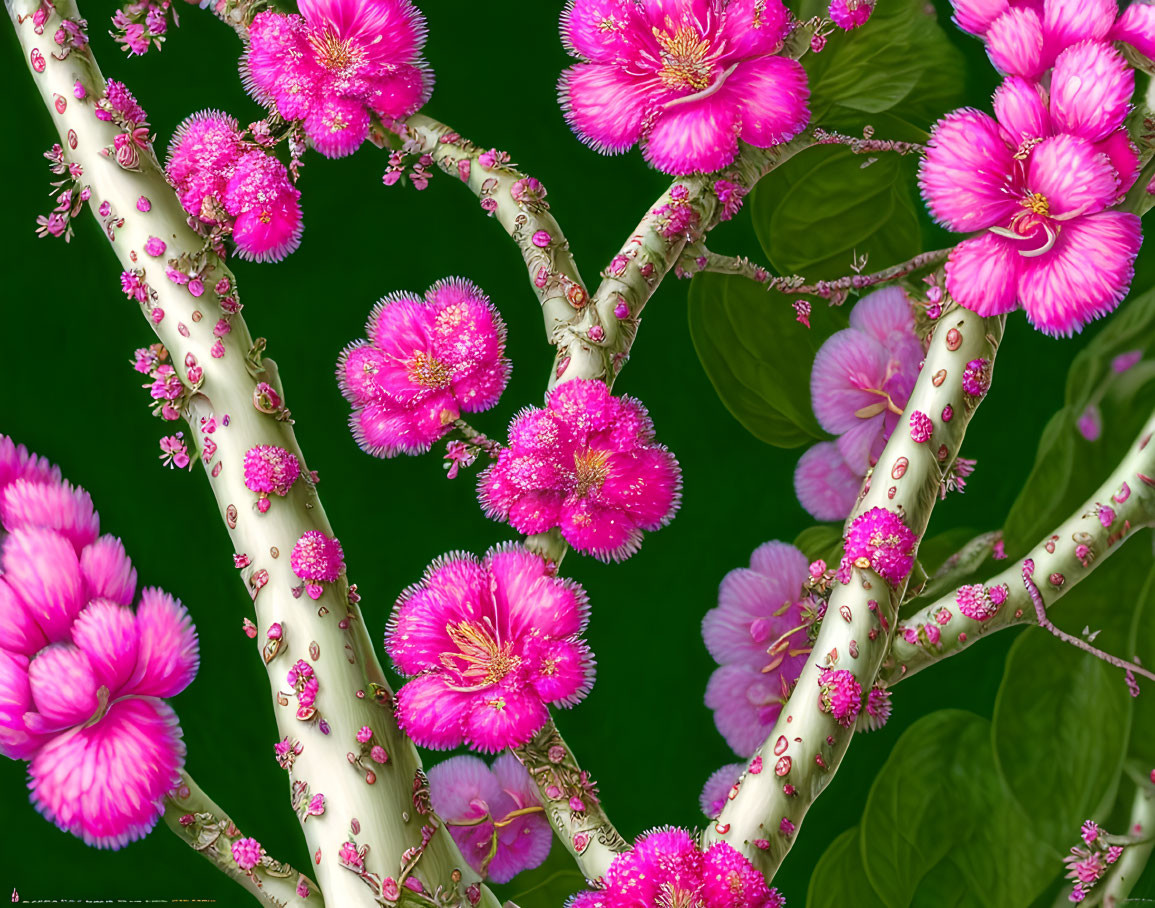 Pink Blossoms with Yellow Centers on Green Stems Against Rich Green Background