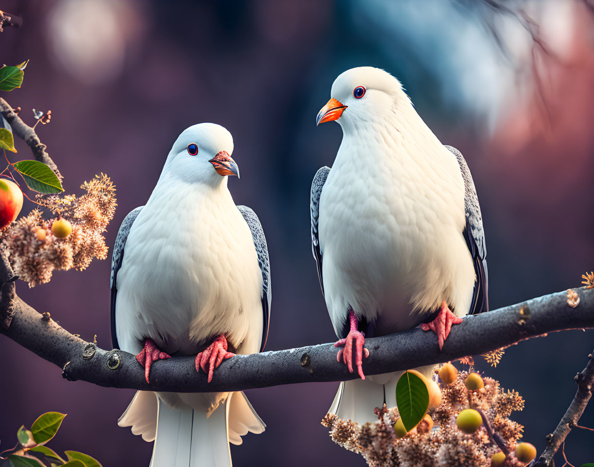 White and gray pigeons on branch with foliage and fruits in warm tones