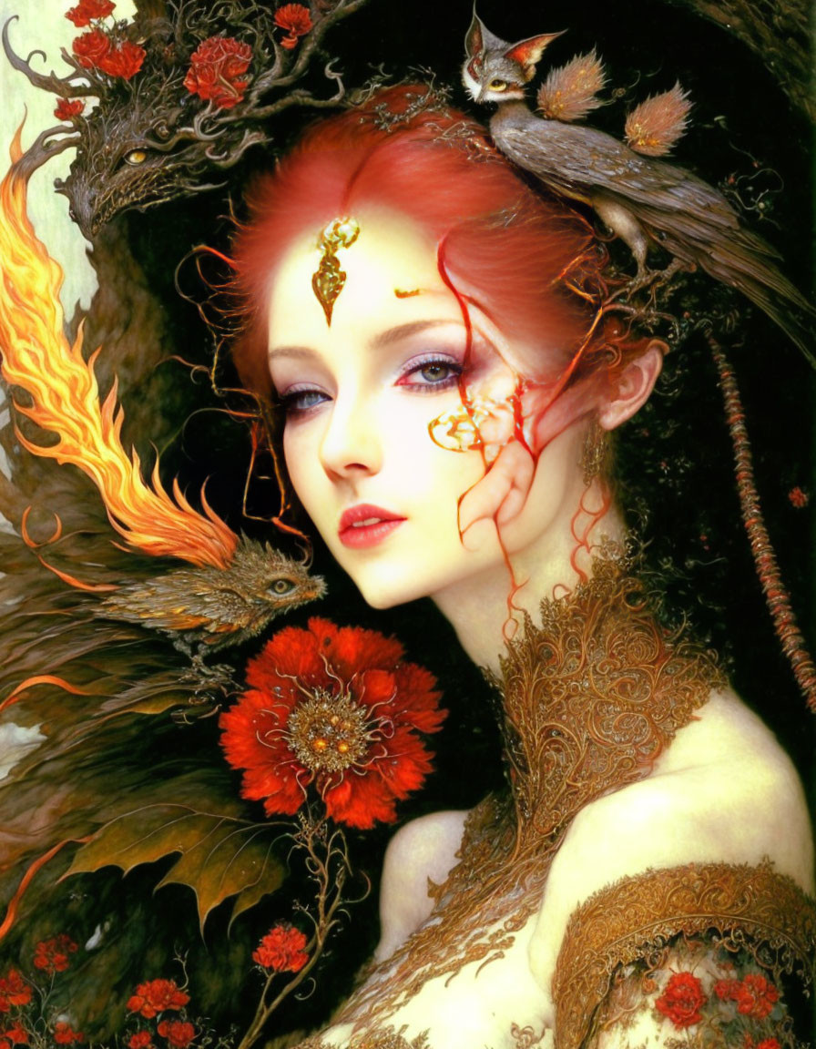 Fantasy portrait of woman with red hair, headpiece, flames, flowers, owl, vines on