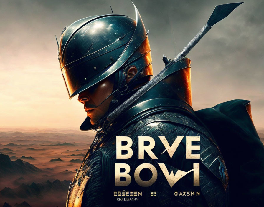 Armored knight with lance in desert landscape and text "BRVE BOW