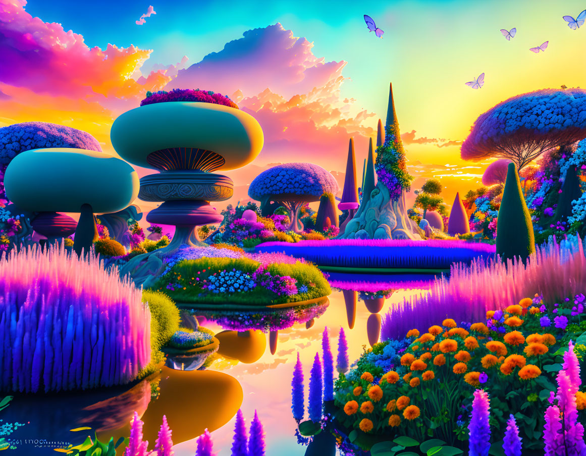 Colorful fantasy landscape with mushroom-shaped trees, flowers, river, butterflies, and sunset sky