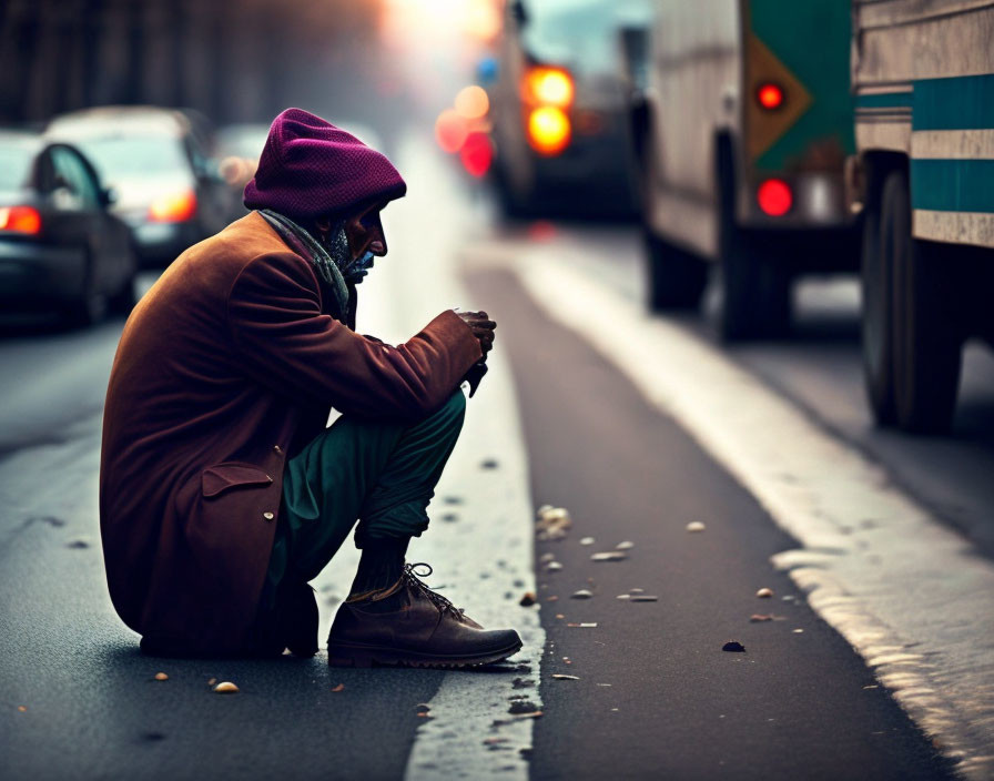 Person in Purple Hat Crouching on City Street